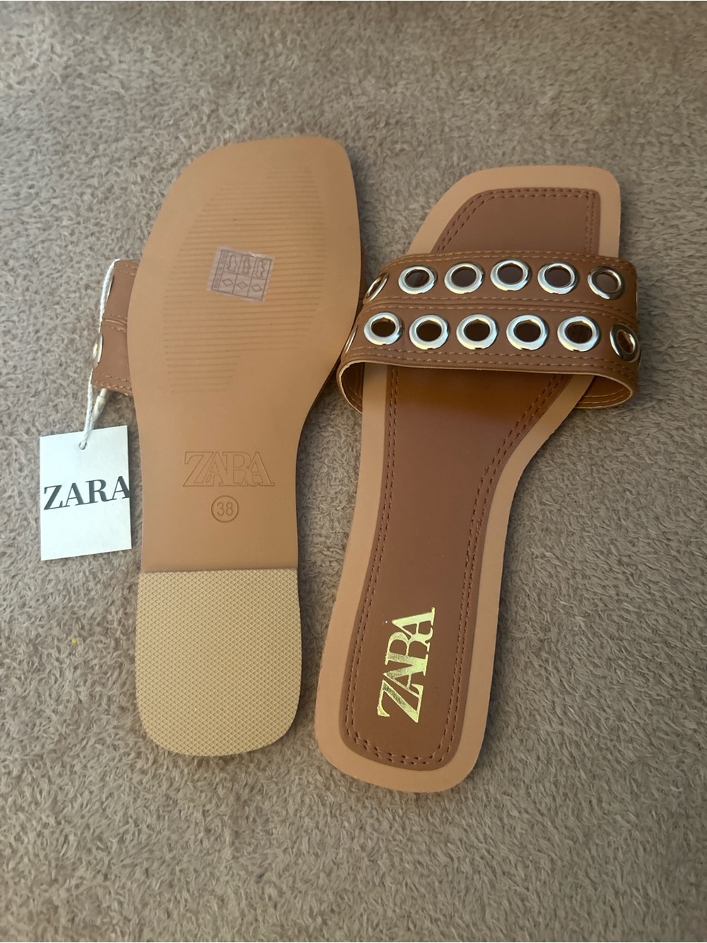 ZARA Brown Slide Sandals with Gold-Tone Eyelets